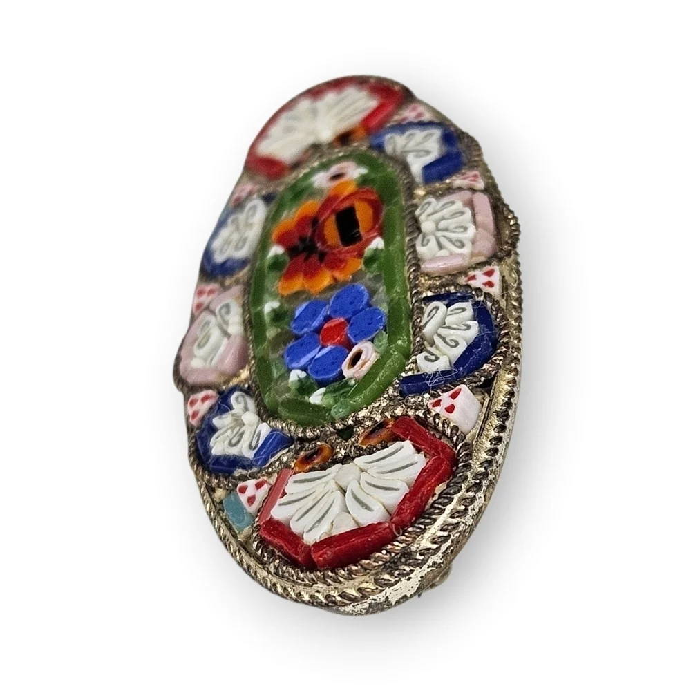 Vintage Mosaic Flower Brooch RM Italy Multicolor Colorful Italian Oval 1.5